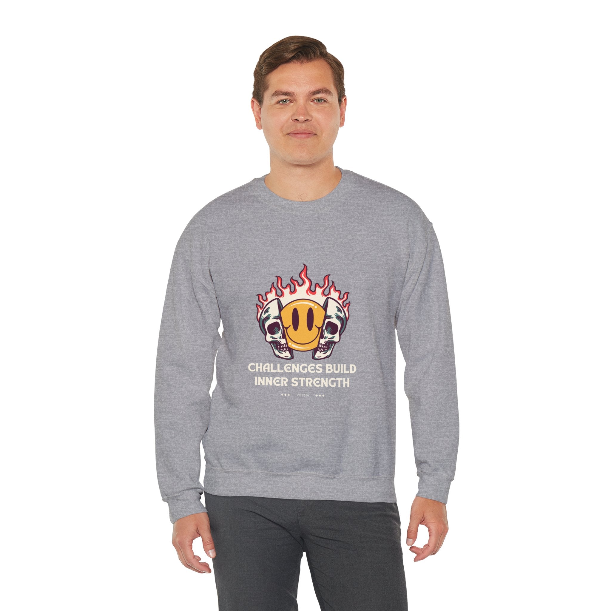 Crewneck Sweatshirt — “Challenges Build Inner Strength” Flame Smile Graphic