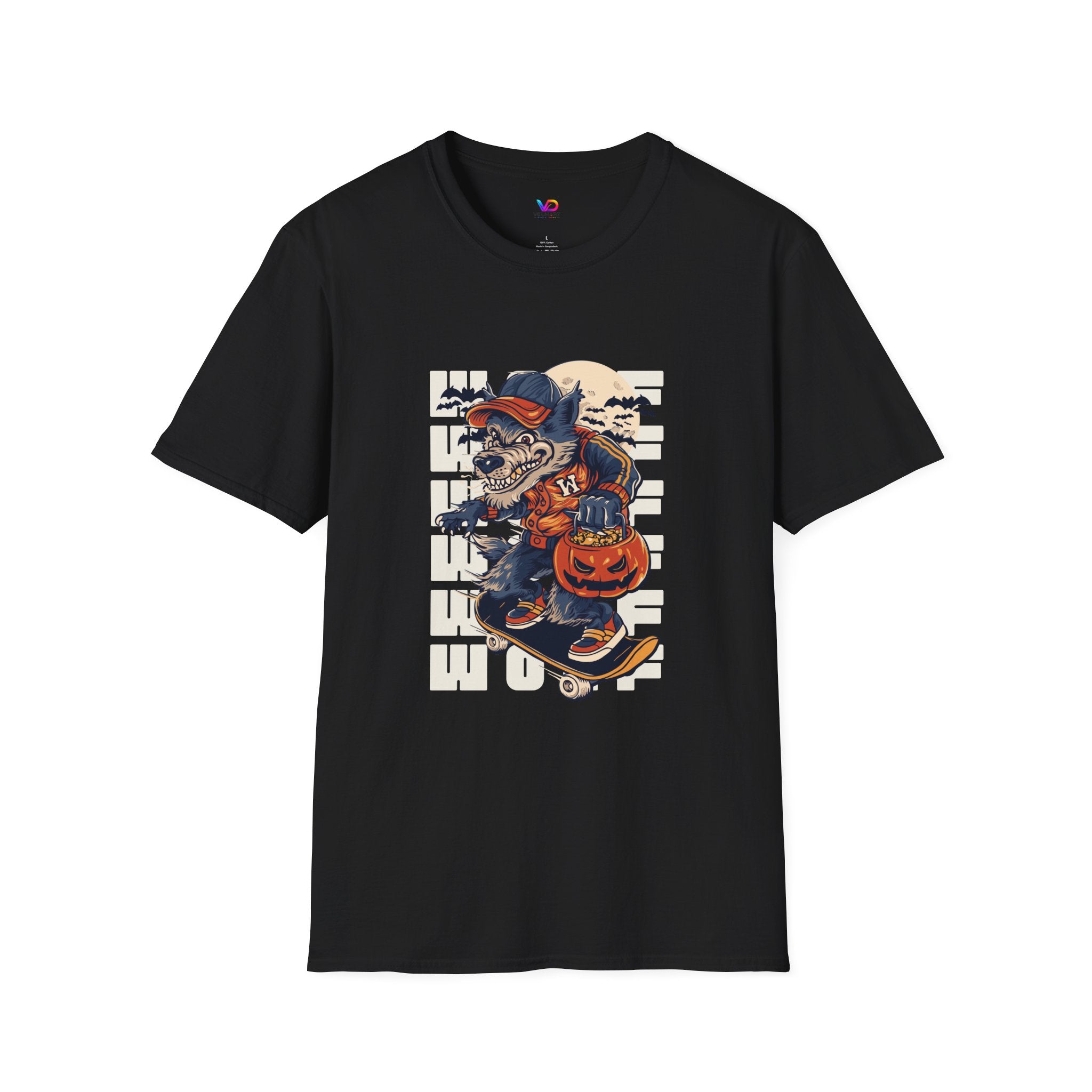 Halloween Skateboarder Skeleton T-Shirt — Spooky Pumpkin & Bats Graphic Tee