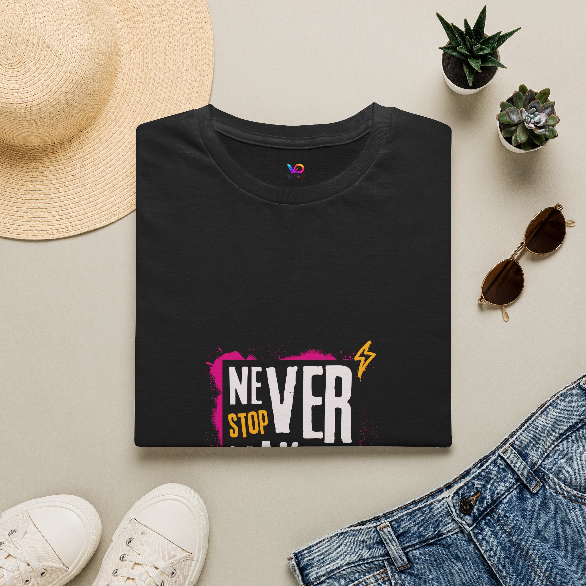 T-Shirt — "Never Stop Dreaming" Graphic Tee (Pink Brushstroke Lightning)