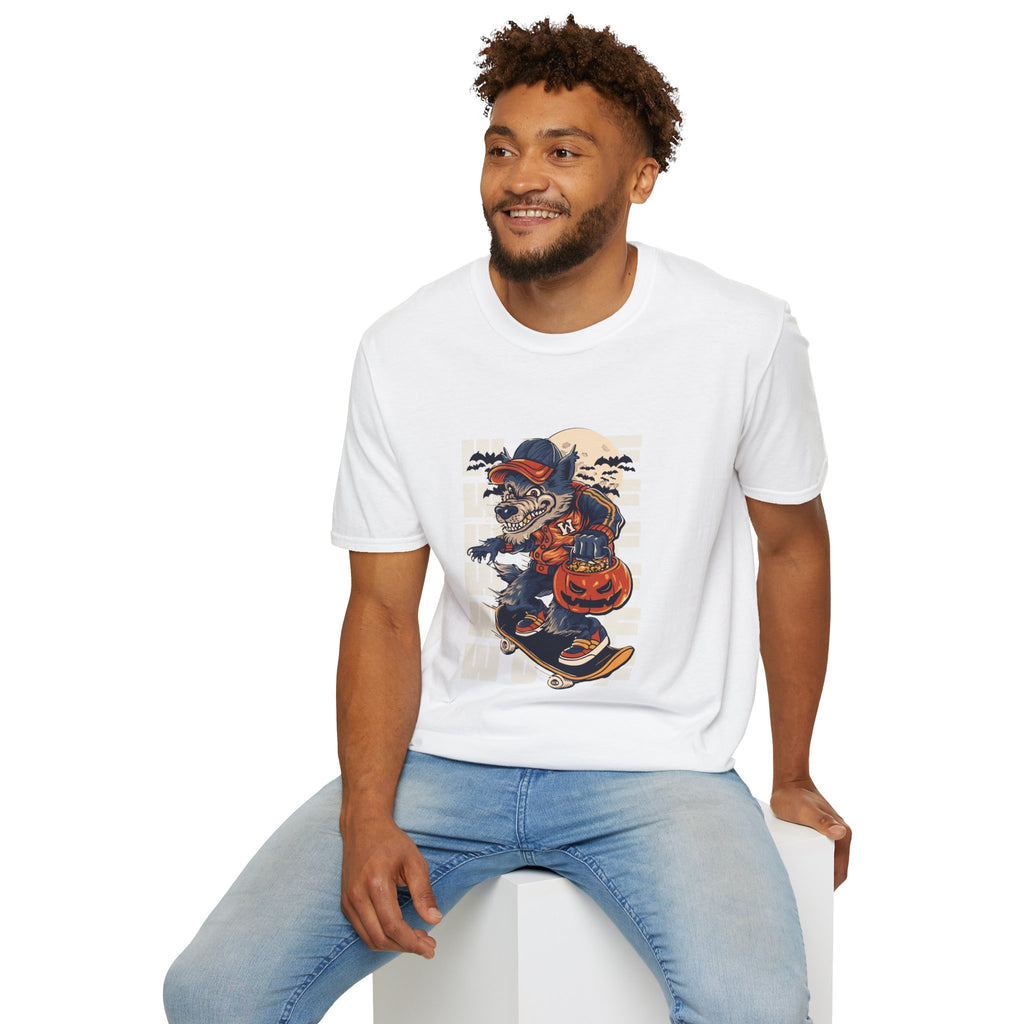 Halloween Skateboarder Skeleton T-Shirt — Spooky Pumpkin & Bats Graphic Tee