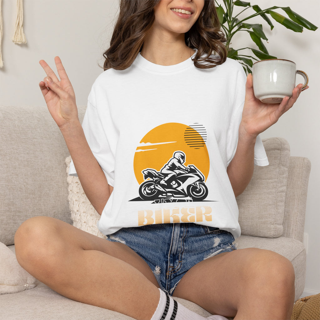 Motorcycle Rider T-Shirt — Retro Sunset Biker Graphic