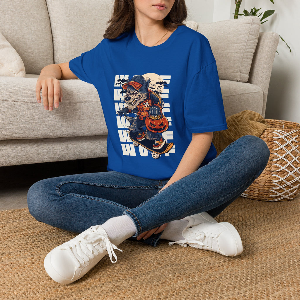 Halloween Skateboarder Skeleton T-Shirt — Spooky Pumpkin & Bats Graphic Tee