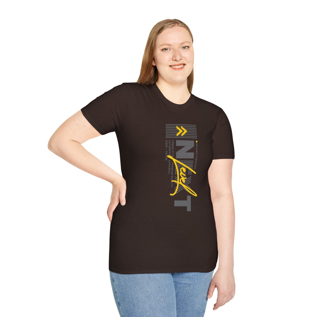 Vertical 'NEXT' Graphic T‑Shirt — Modern Yellow & Gray Streetwear Tee