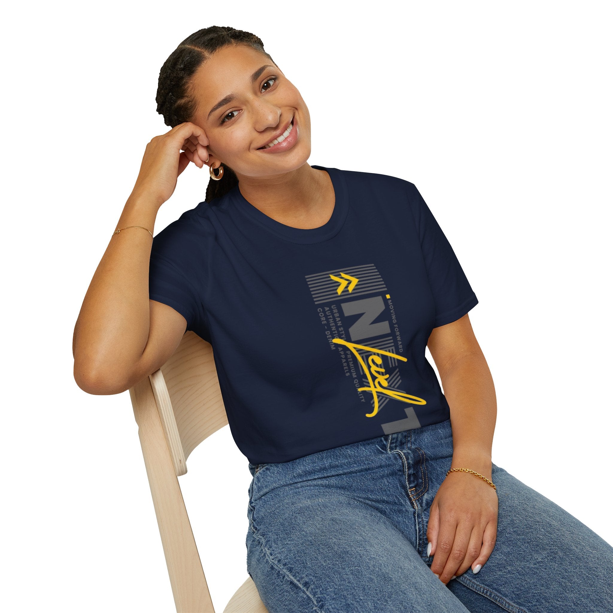 Vertical 'NEXT' Graphic T‑Shirt — Modern Yellow & Gray Streetwear Tee
