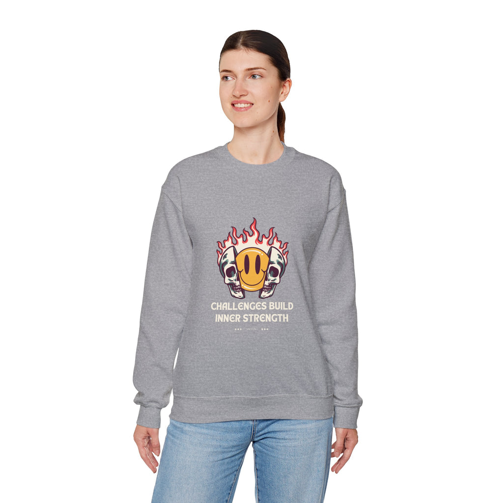 Crewneck Sweatshirt — “Challenges Build Inner Strength” Flame Smile Graphic