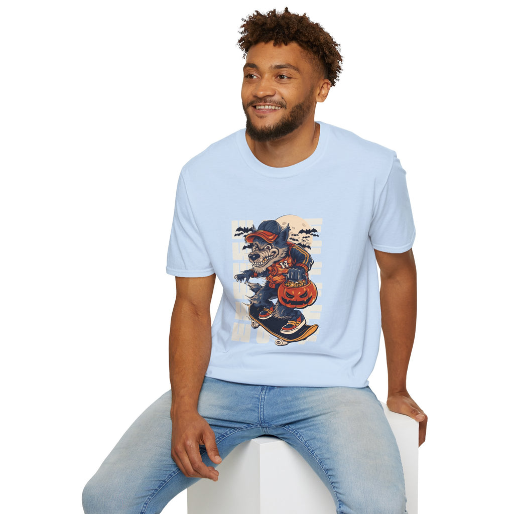 Halloween Skateboarder Skeleton T-Shirt — Spooky Pumpkin & Bats Graphic Tee