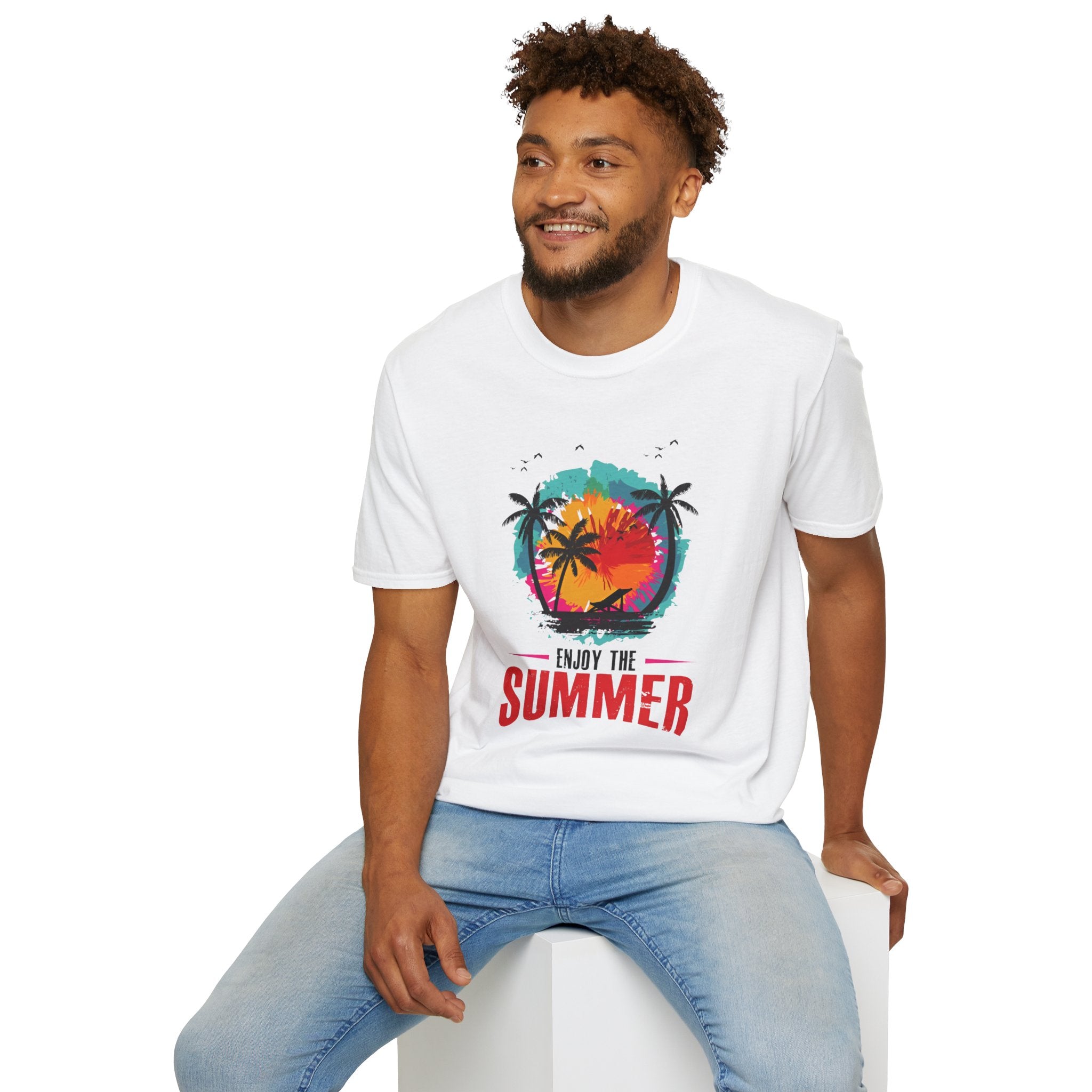 Summer Vibes T-Shirt — "Enjoy the Summer" Tropical Palm Sunset Tee