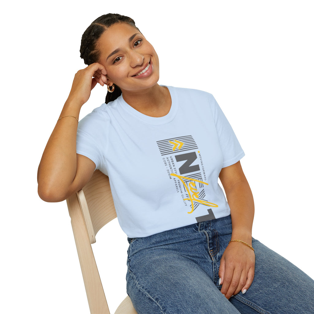 Vertical 'NEXT' Graphic T‑Shirt — Modern Yellow & Gray Streetwear Tee