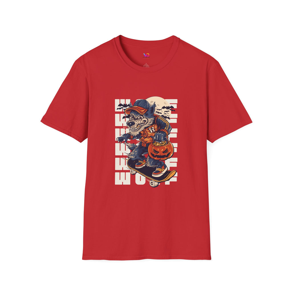 Halloween Skateboarder Skeleton T-Shirt — Spooky Pumpkin & Bats Graphic Tee