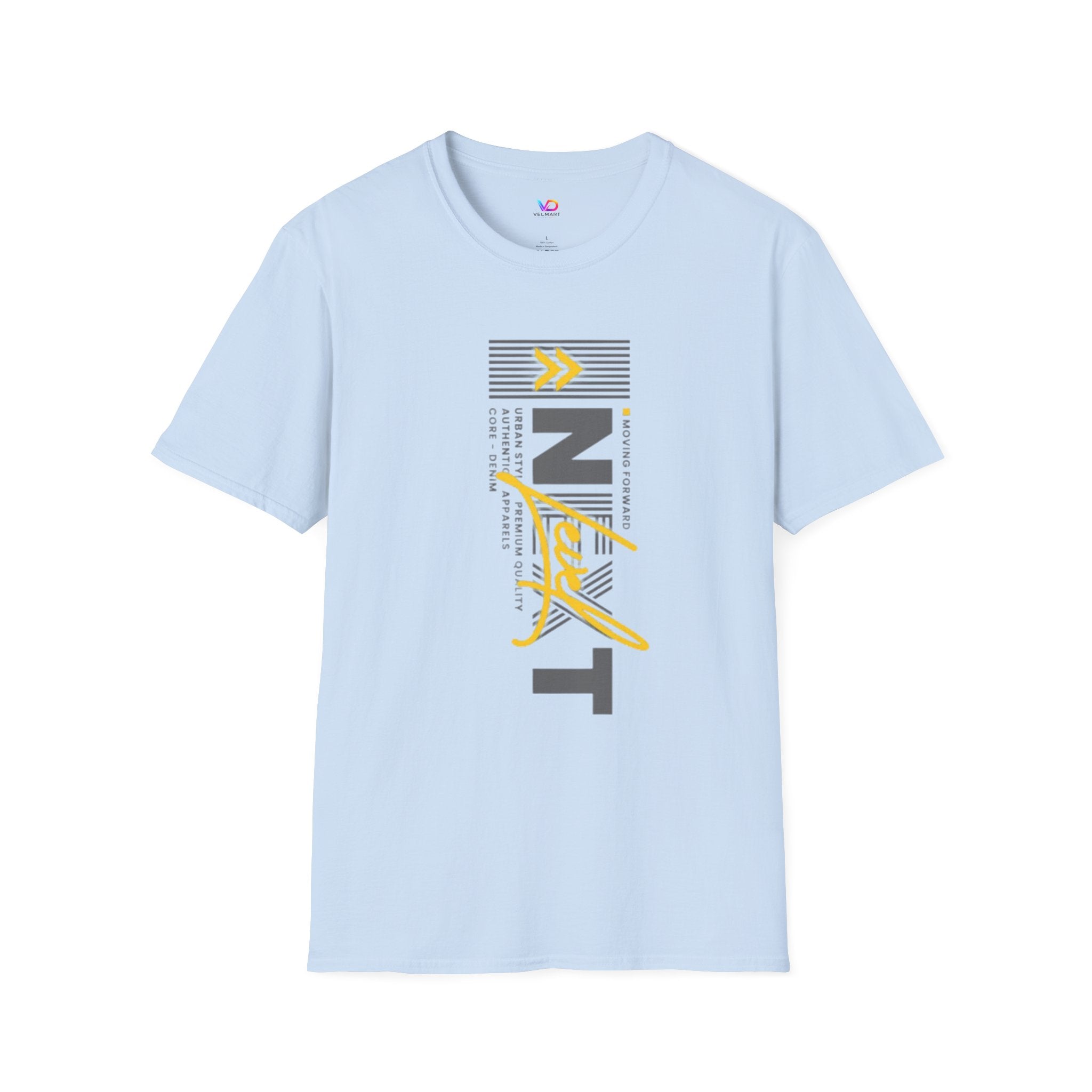 Vertical 'NEXT' Graphic T‑Shirt — Modern Yellow & Gray Streetwear Tee
