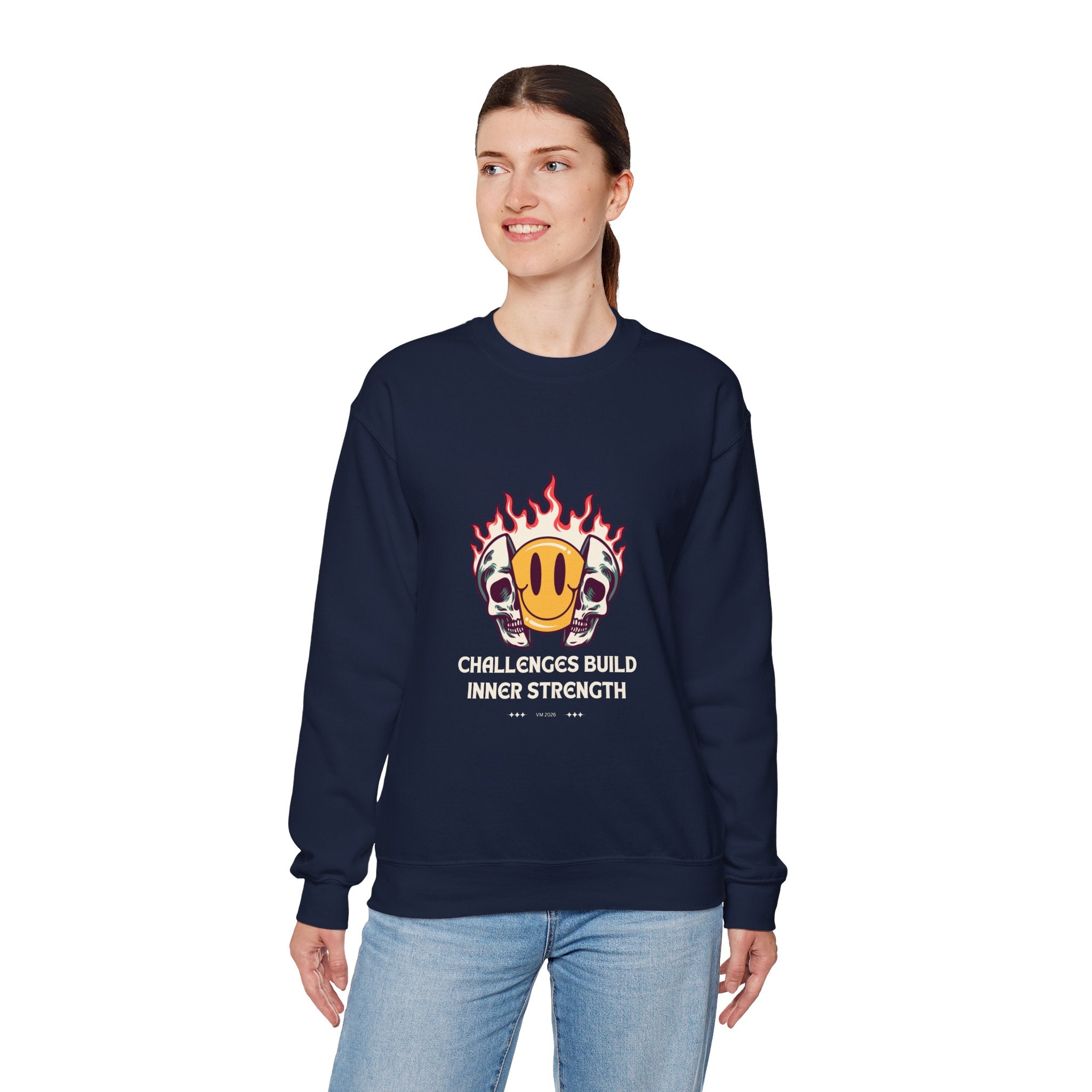 Crewneck Sweatshirt — “Challenges Build Inner Strength” Flame Smile Graphic
