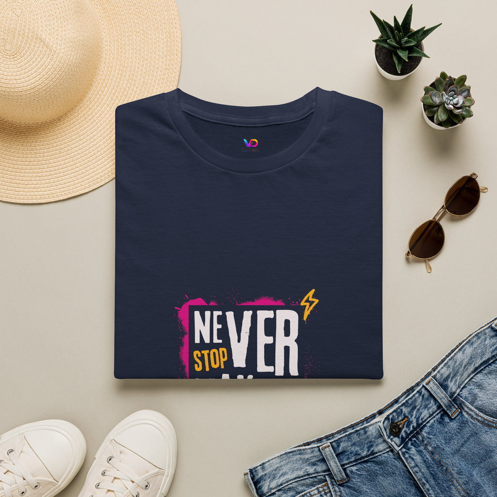 T-Shirt — "Never Stop Dreaming" Graphic Tee (Pink Brushstroke Lightning)