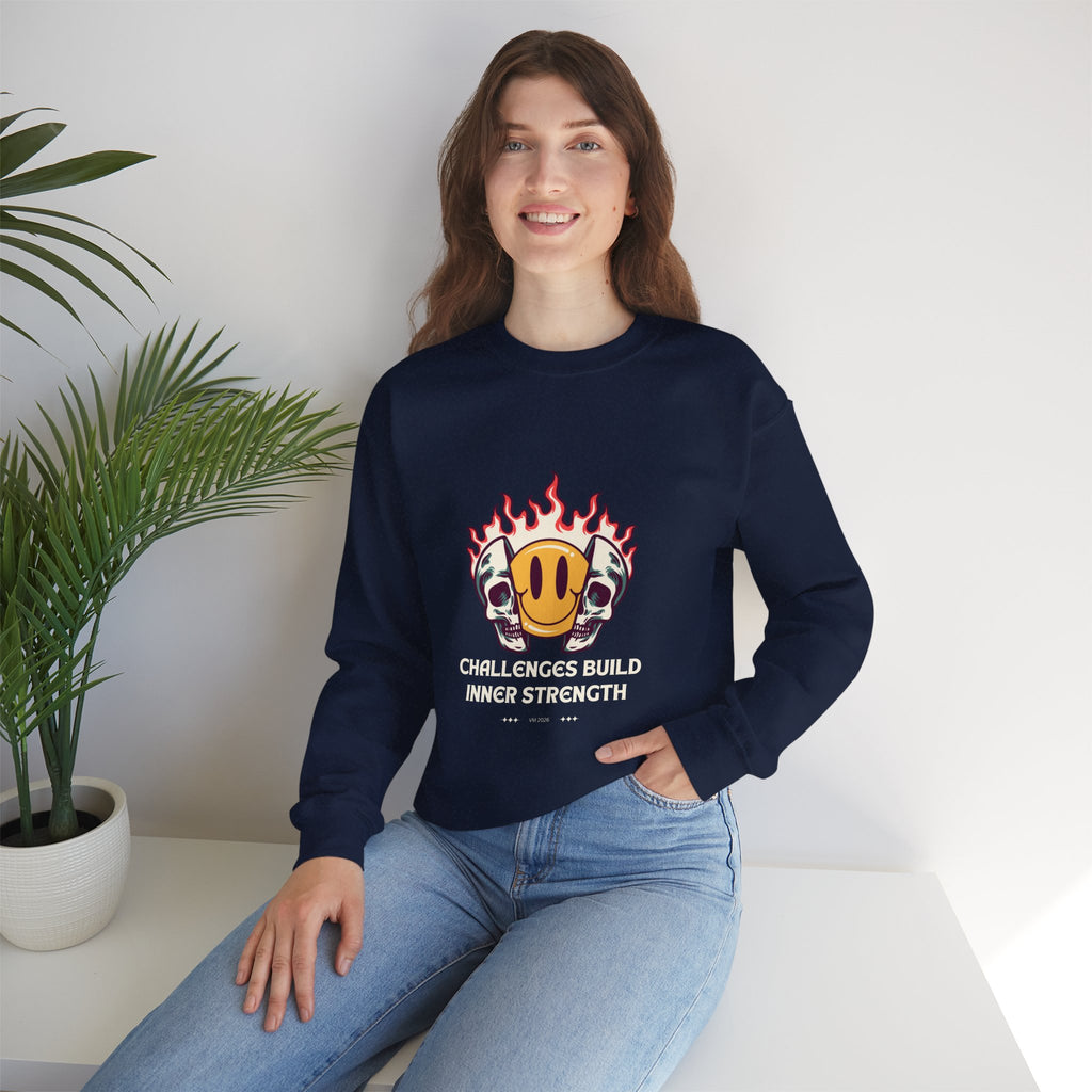 Crewneck Sweatshirt — “Challenges Build Inner Strength” Flame Smile Graphic