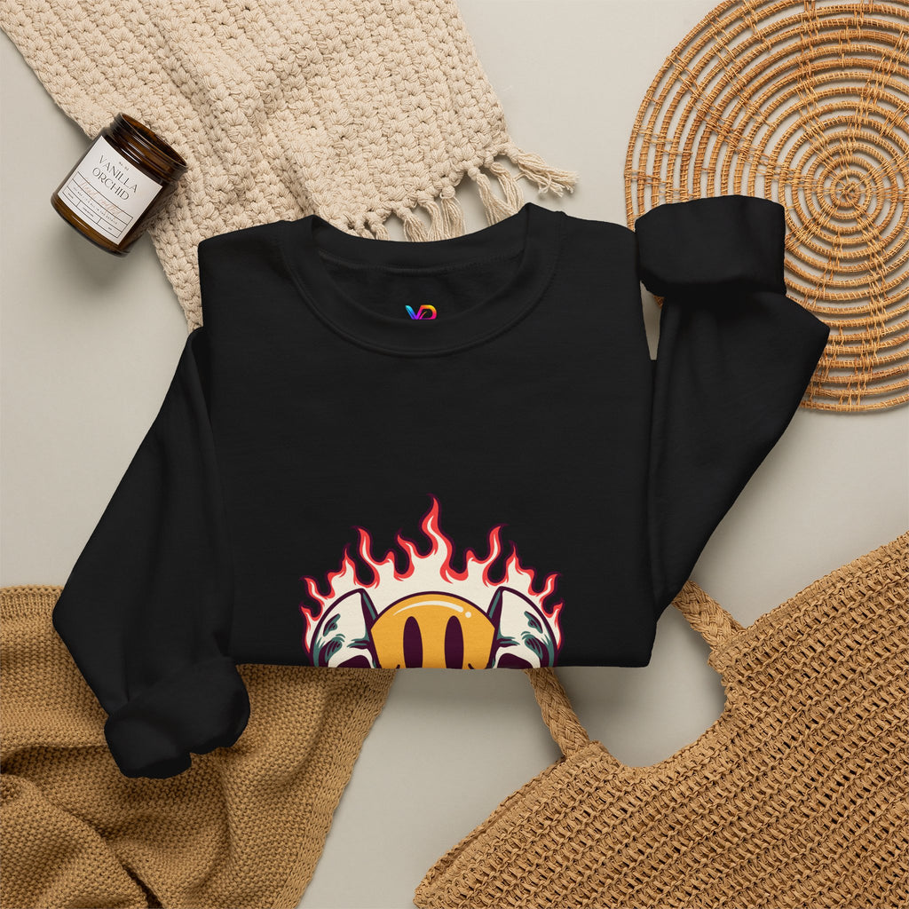 Crewneck Sweatshirt — “Challenges Build Inner Strength” Flame Smile Graphic