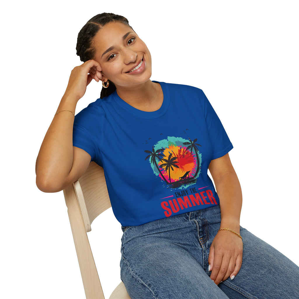 Summer Vibes T-Shirt — "Enjoy the Summer" Tropical Palm Sunset Tee