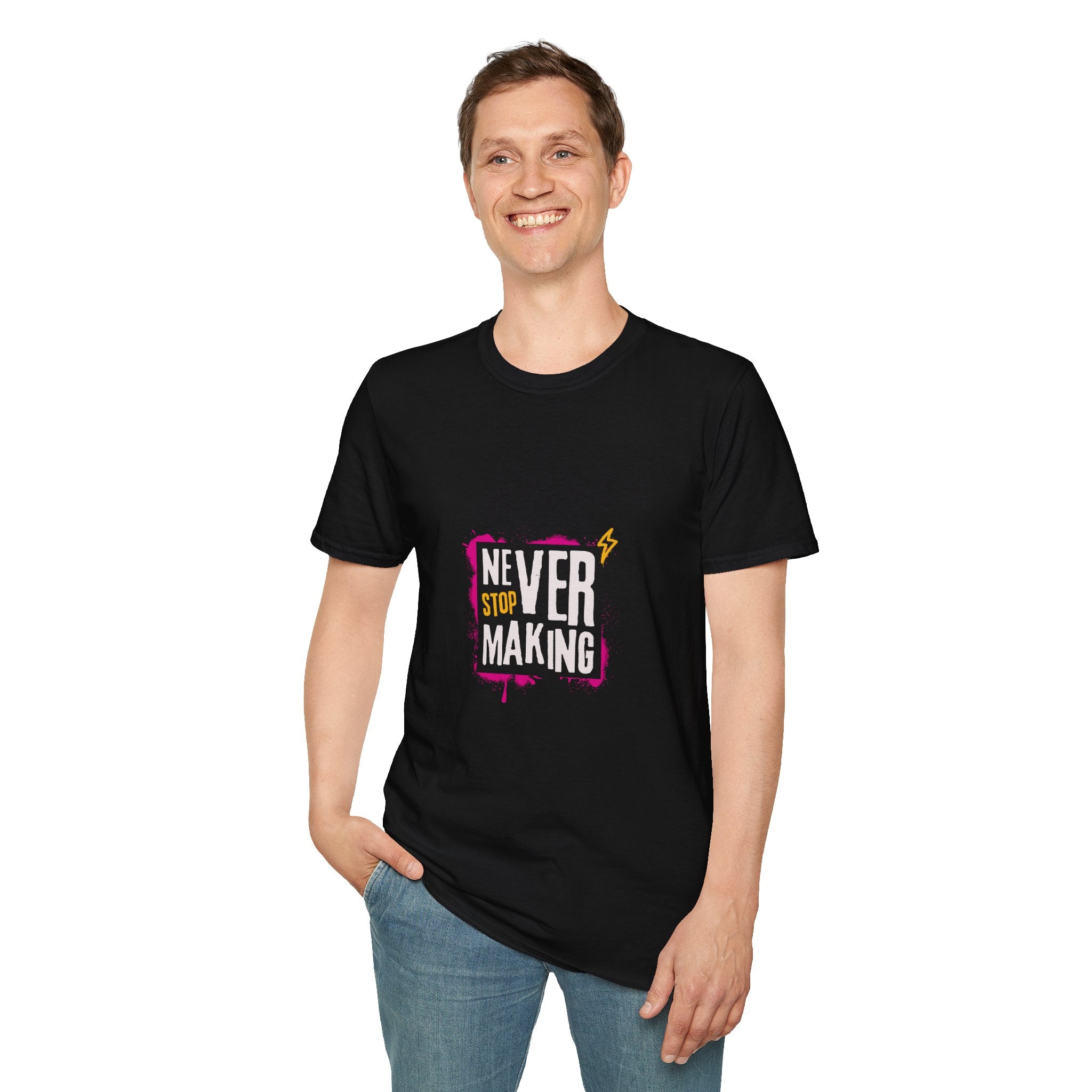 T-Shirt — "Never Stop Dreaming" Graphic Tee (Pink Brushstroke Lightning)