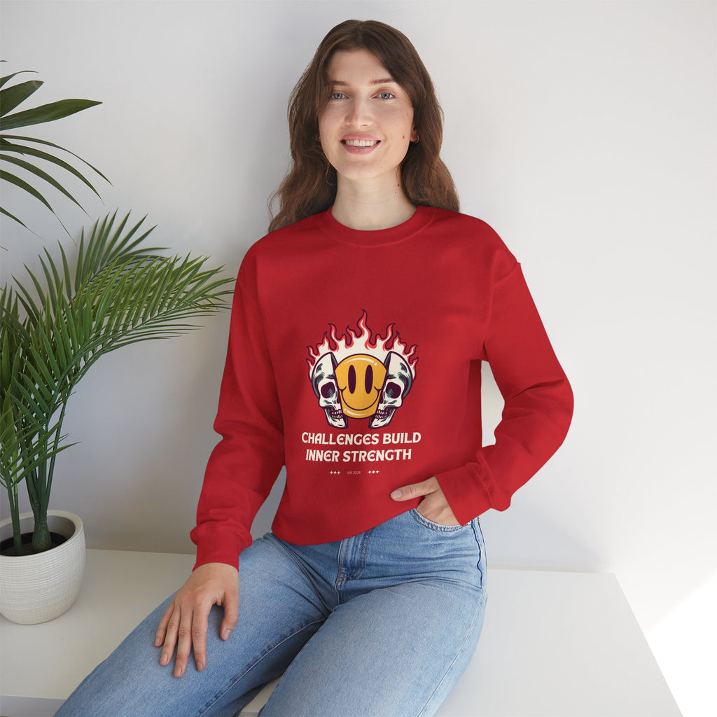 Crewneck Sweatshirt — “Challenges Build Inner Strength” Flame Smile Graphic
