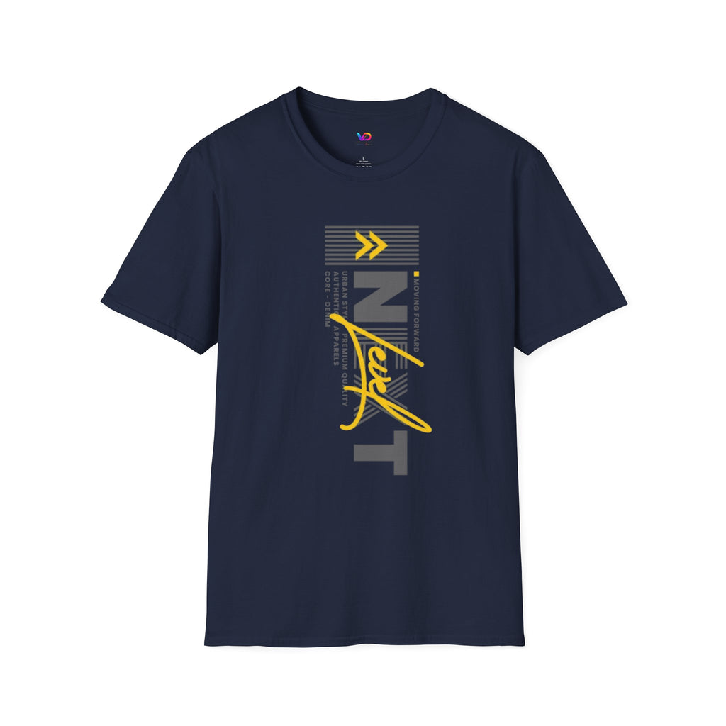 Vertical 'NEXT' Graphic T‑Shirt — Modern Yellow & Gray Streetwear Tee