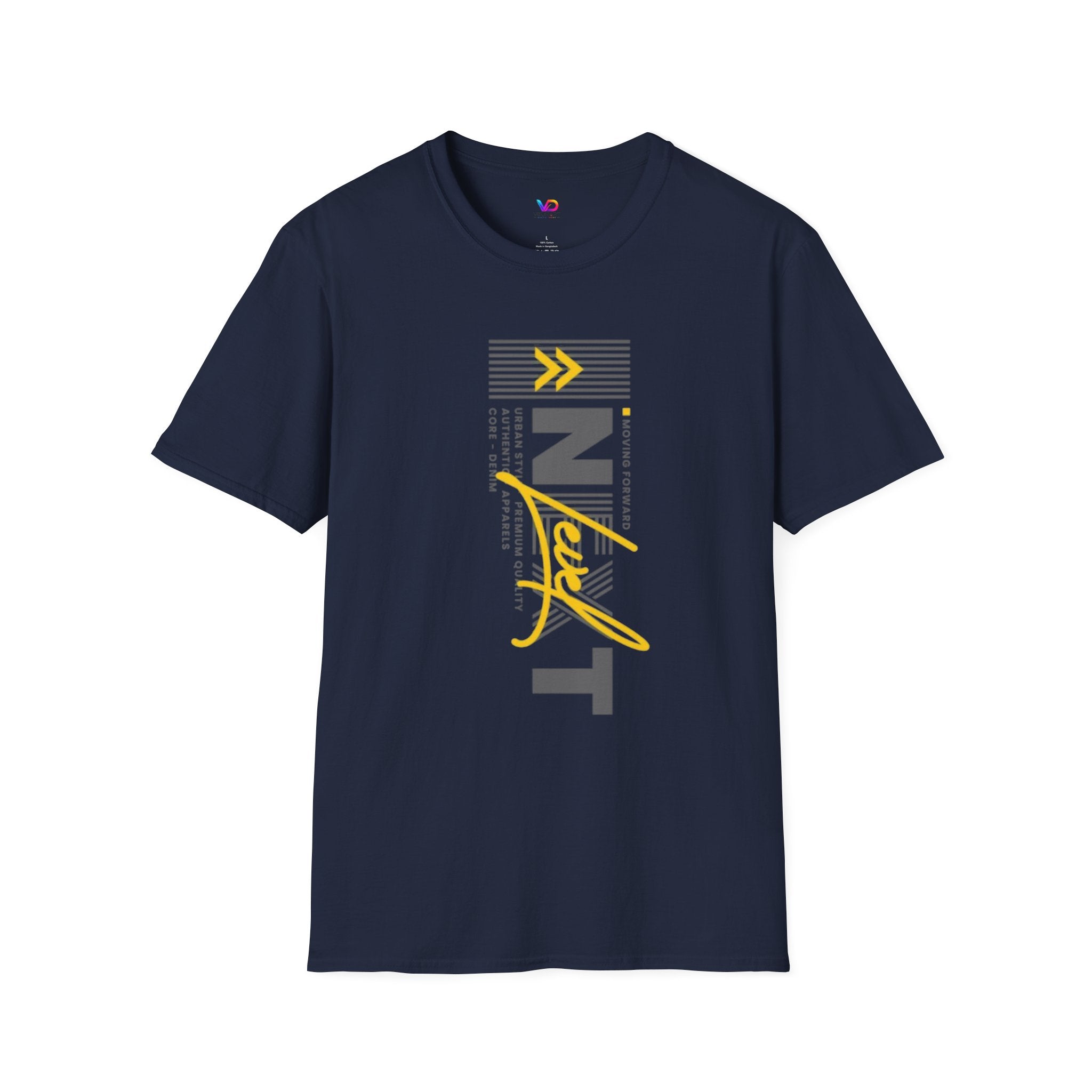 Vertical 'NEXT' Graphic T‑Shirt — Modern Yellow & Gray Streetwear Tee