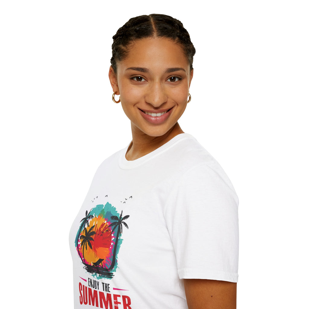 Summer Vibes T-Shirt — "Enjoy the Summer" Tropical Palm Sunset Tee