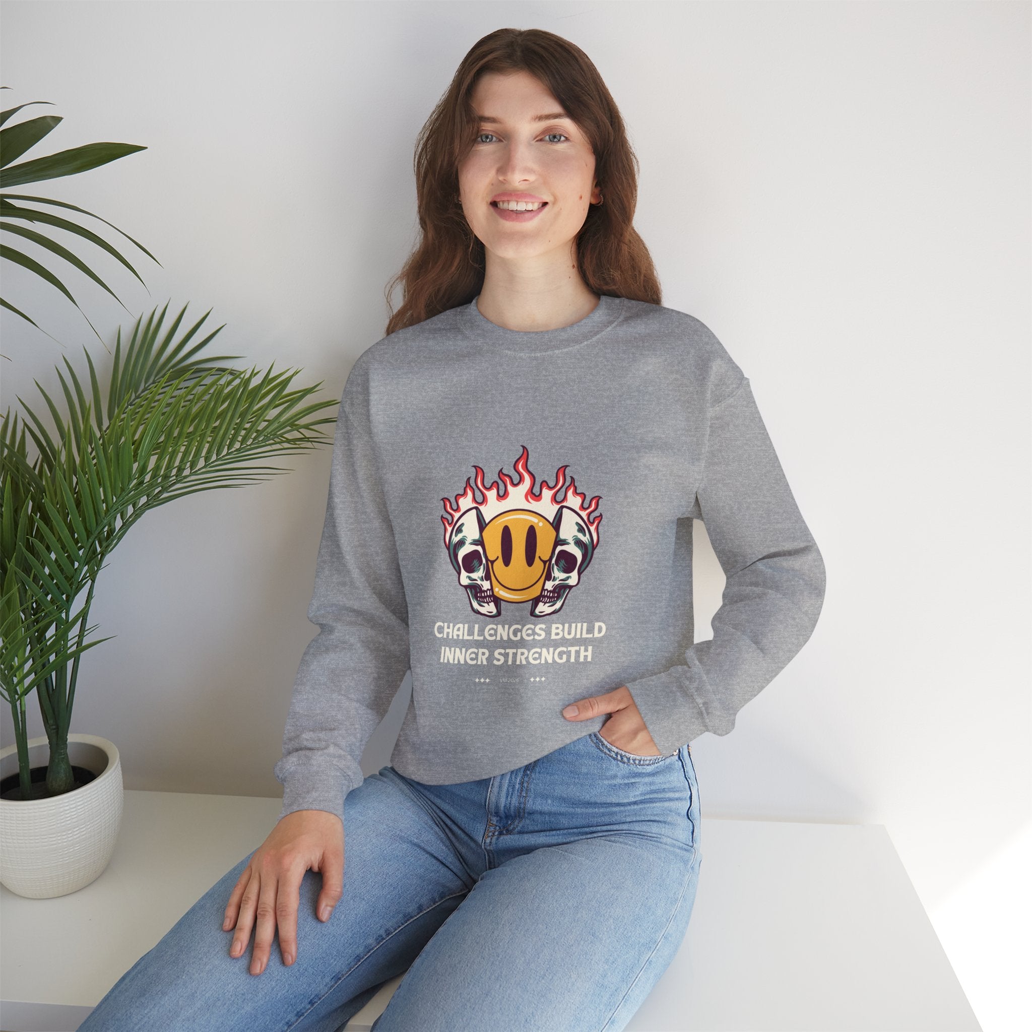 Crewneck Sweatshirt — “Challenges Build Inner Strength” Flame Smile Graphic