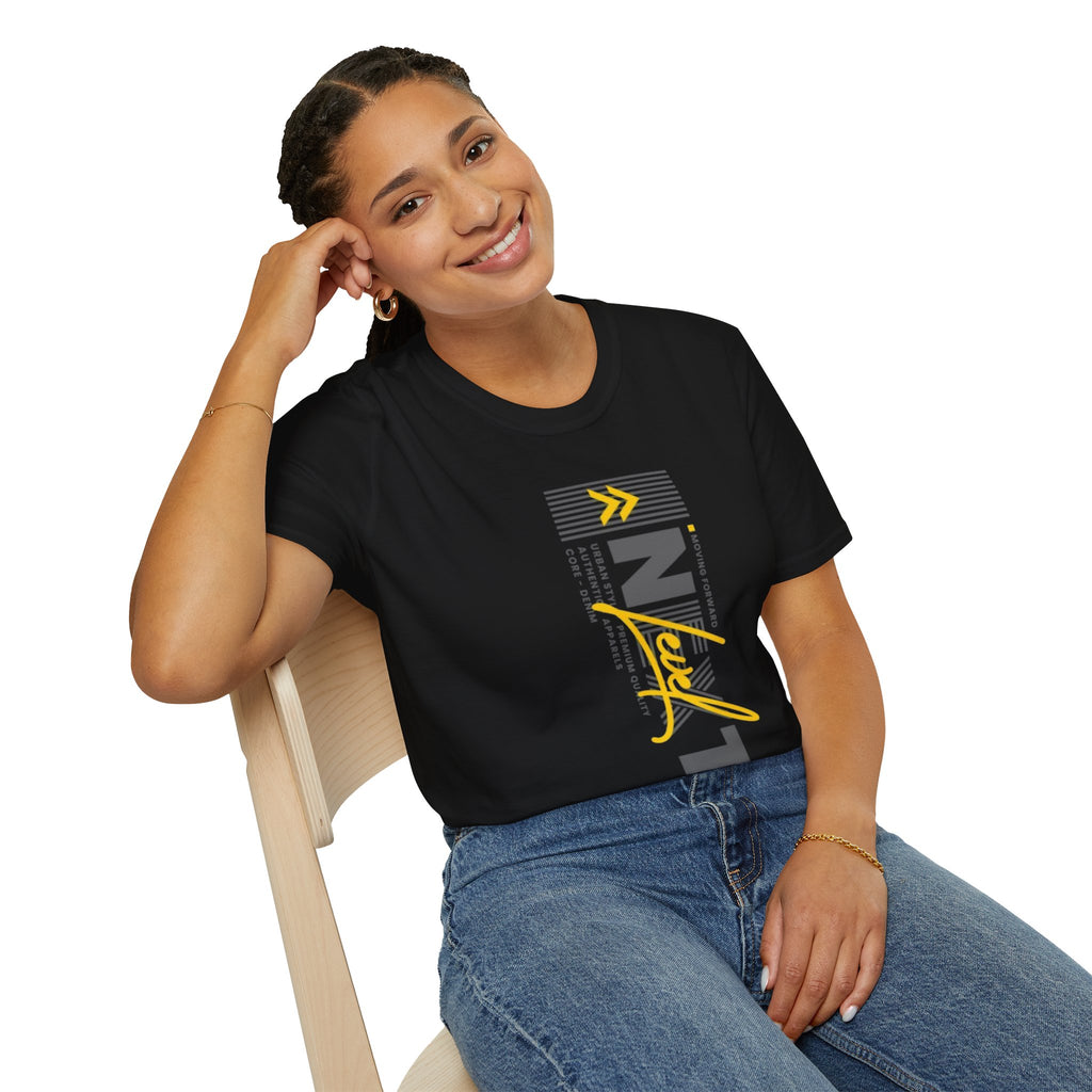 Vertical 'NEXT' Graphic T‑Shirt — Modern Yellow & Gray Streetwear Tee