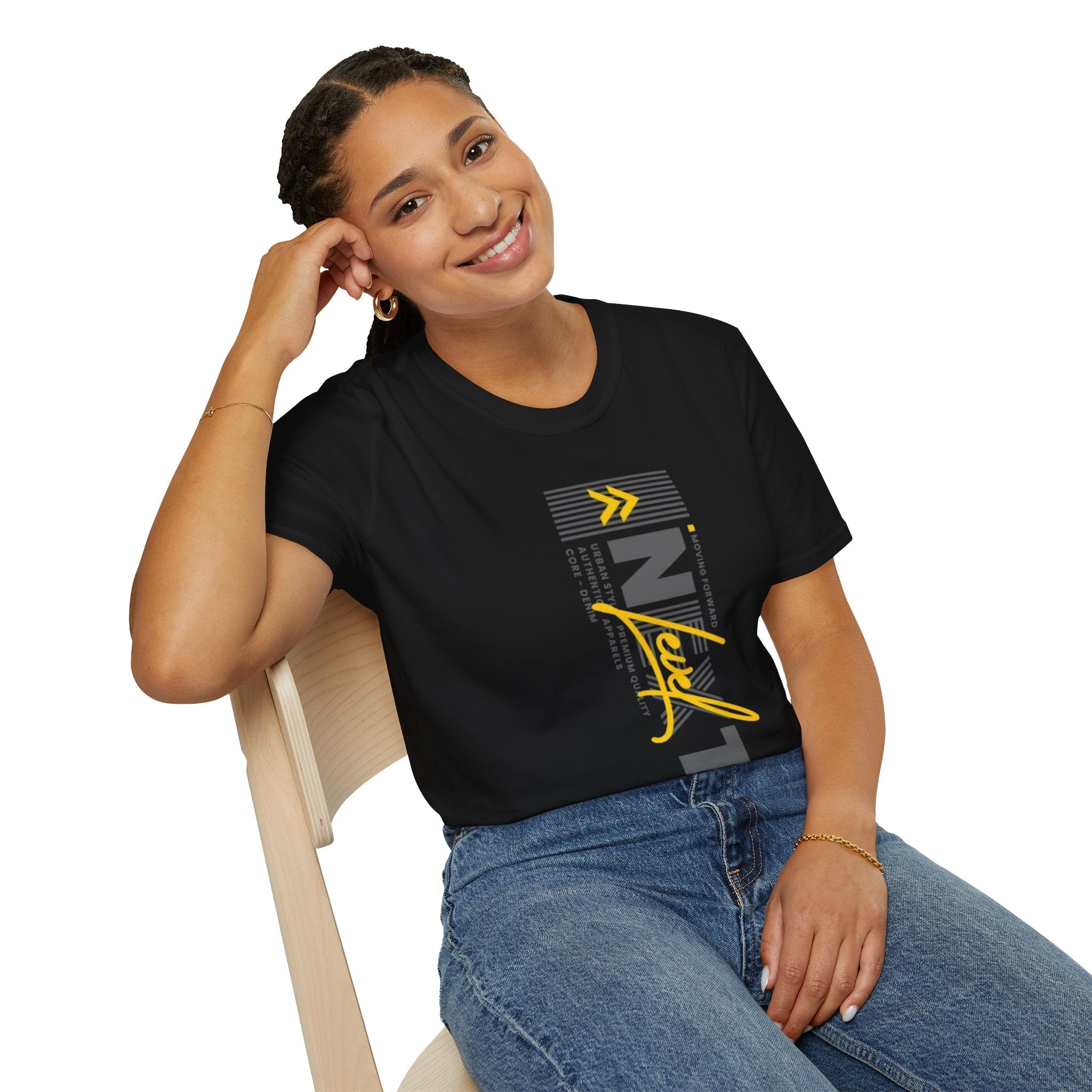 Vertical 'NEXT' Graphic T‑Shirt — Modern Yellow & Gray Streetwear Tee