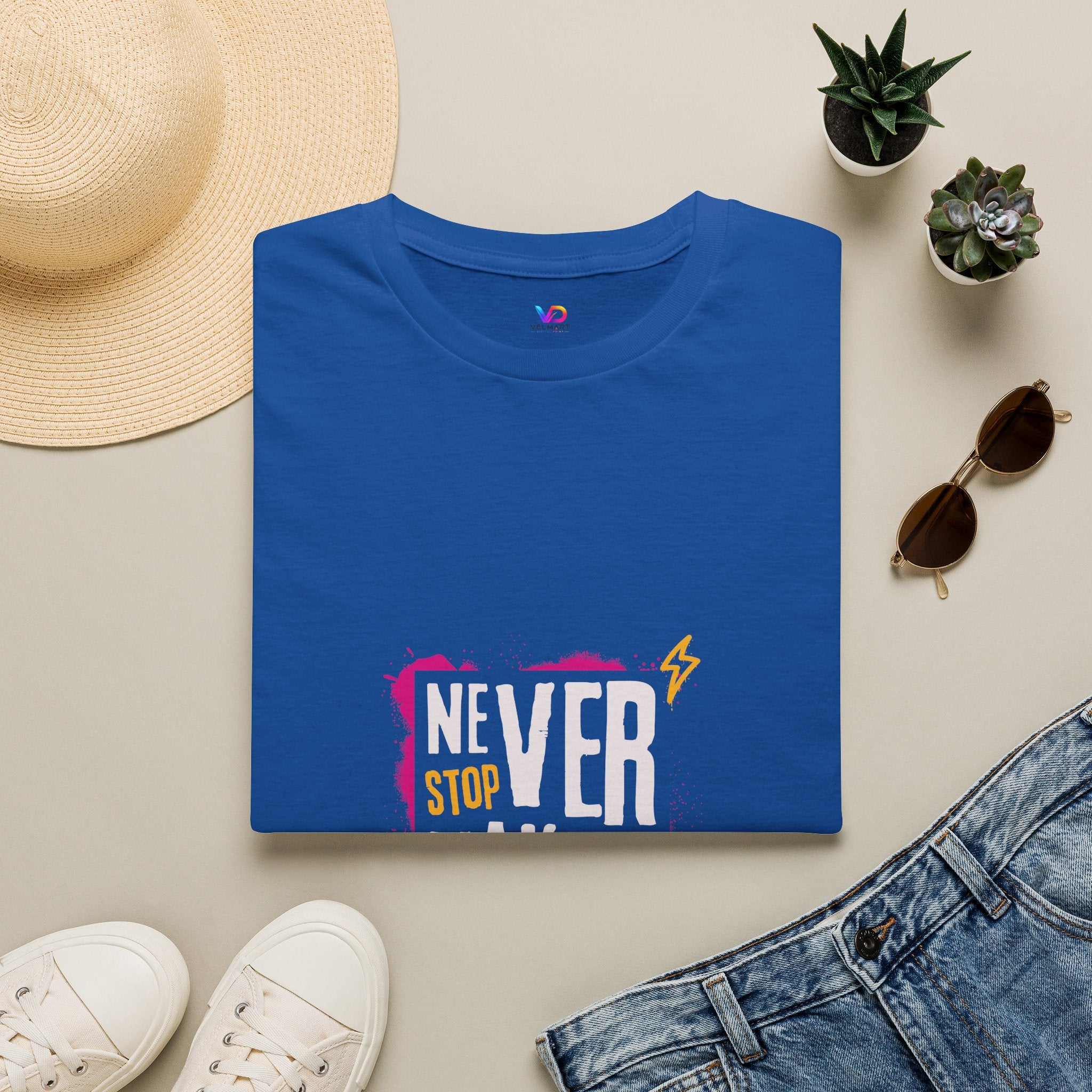 T-Shirt — "Never Stop Dreaming" Graphic Tee (Pink Brushstroke Lightning)