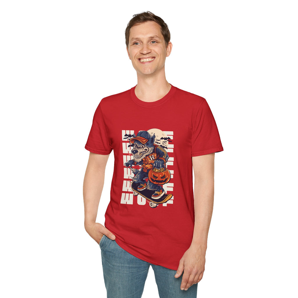 Halloween Skateboarder Skeleton T-Shirt — Spooky Pumpkin & Bats Graphic Tee
