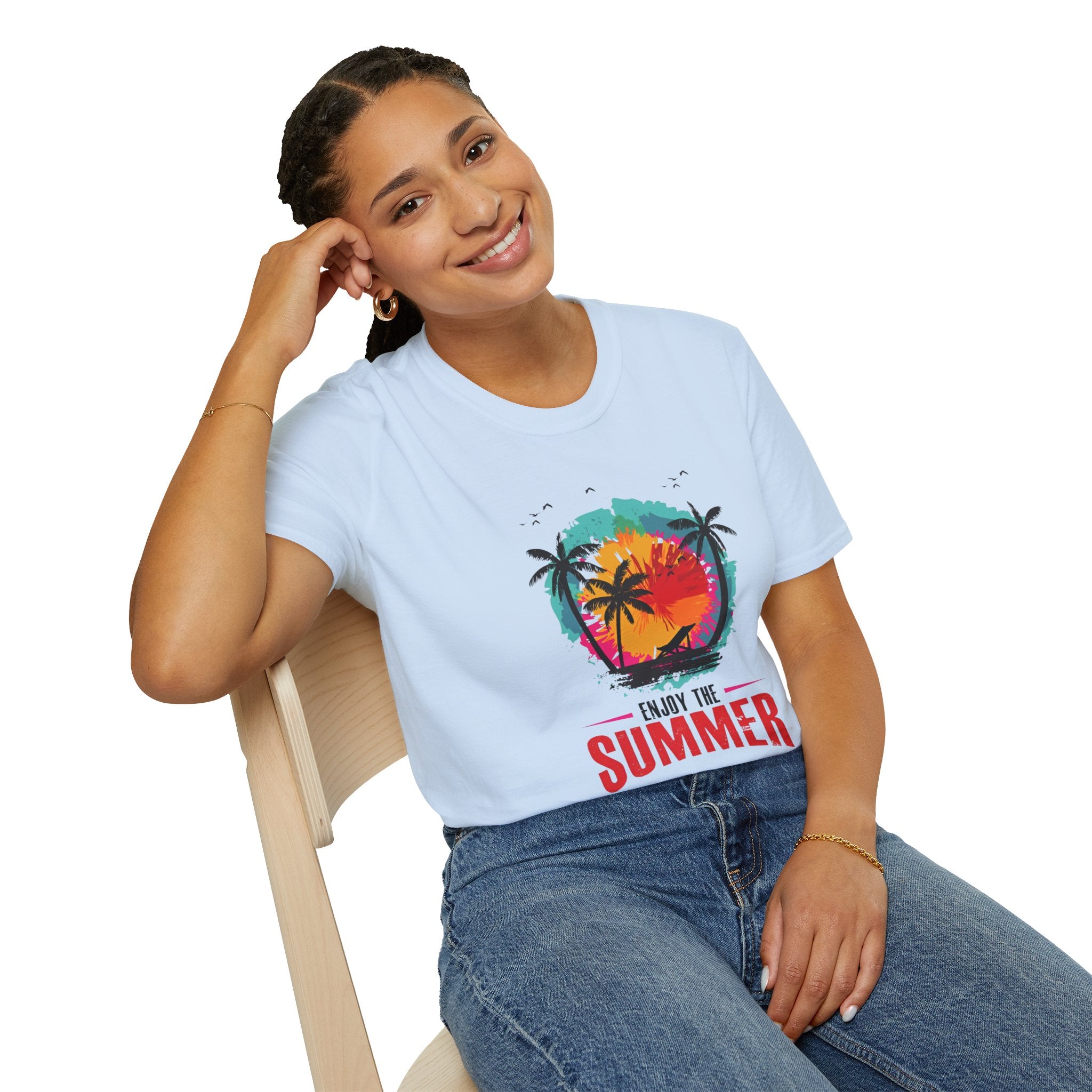Summer Vibes T-Shirt — "Enjoy the Summer" Tropical Palm Sunset Tee