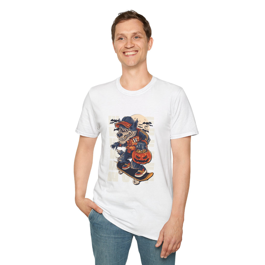 Halloween Skateboarder Skeleton T-Shirt — Spooky Pumpkin & Bats Graphic Tee