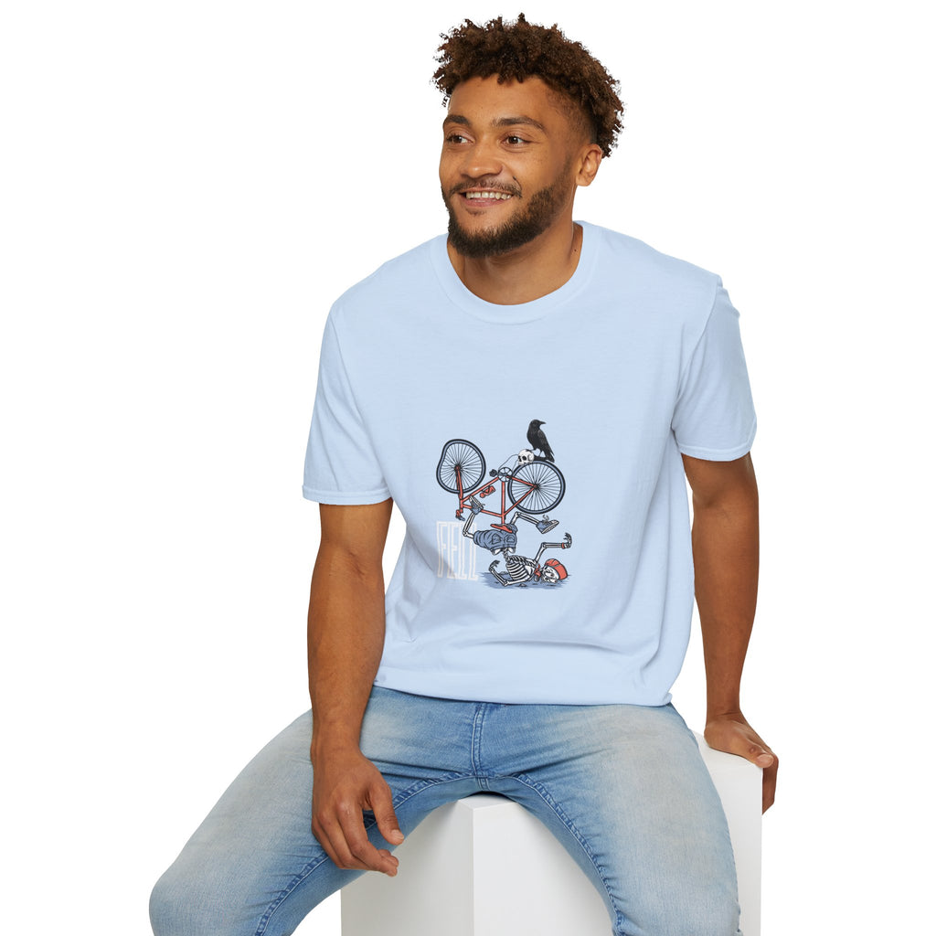 T-Shirt — Vintage Bike Crash Illustration with Crow (whimsical urban cycling tee)