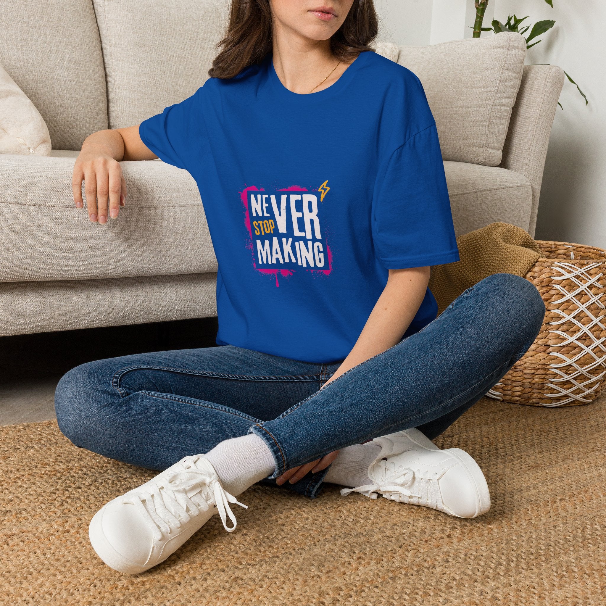 T-Shirt — "Never Stop Dreaming" Graphic Tee (Pink Brushstroke Lightning)