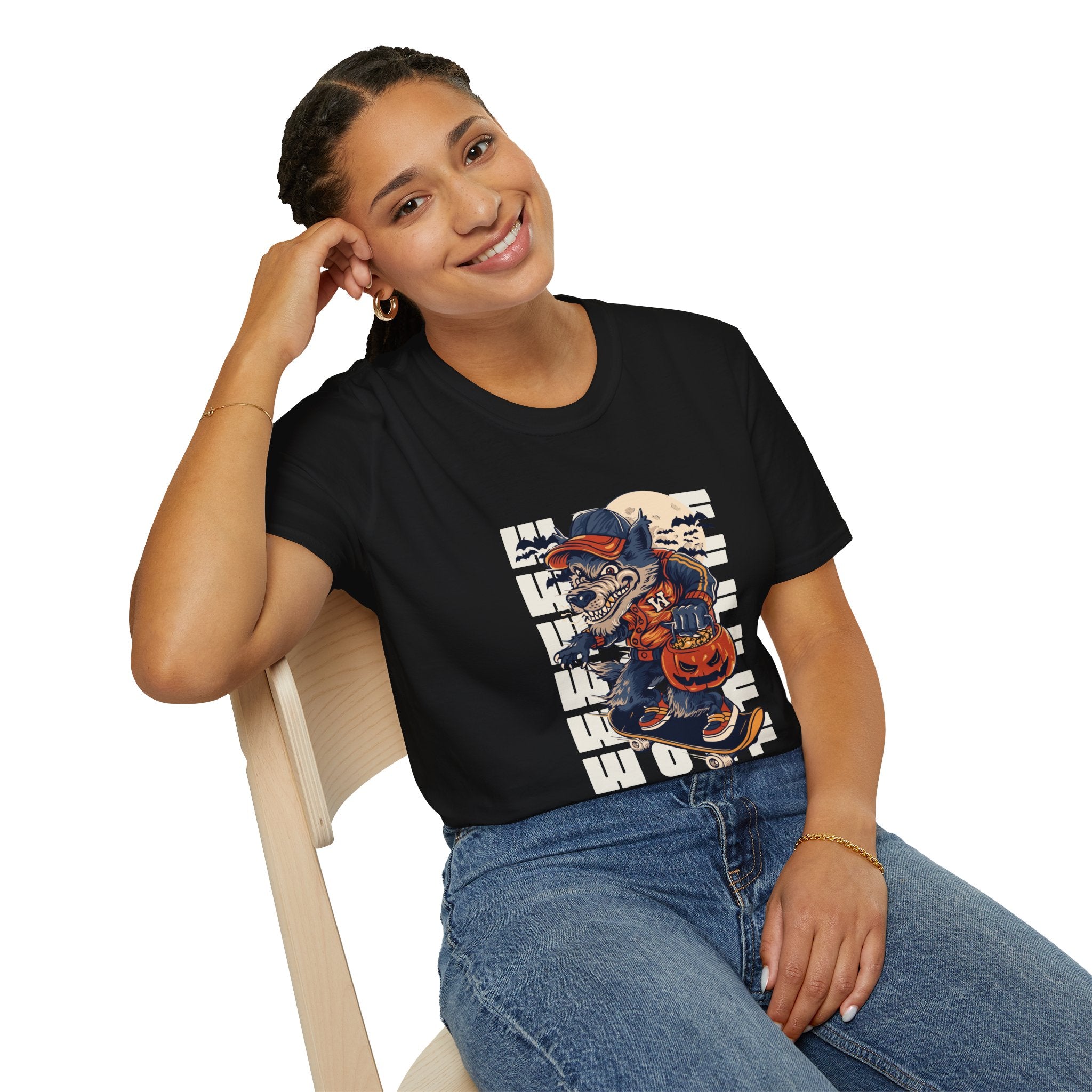 Halloween Skateboarder Skeleton T-Shirt — Spooky Pumpkin & Bats Graphic Tee