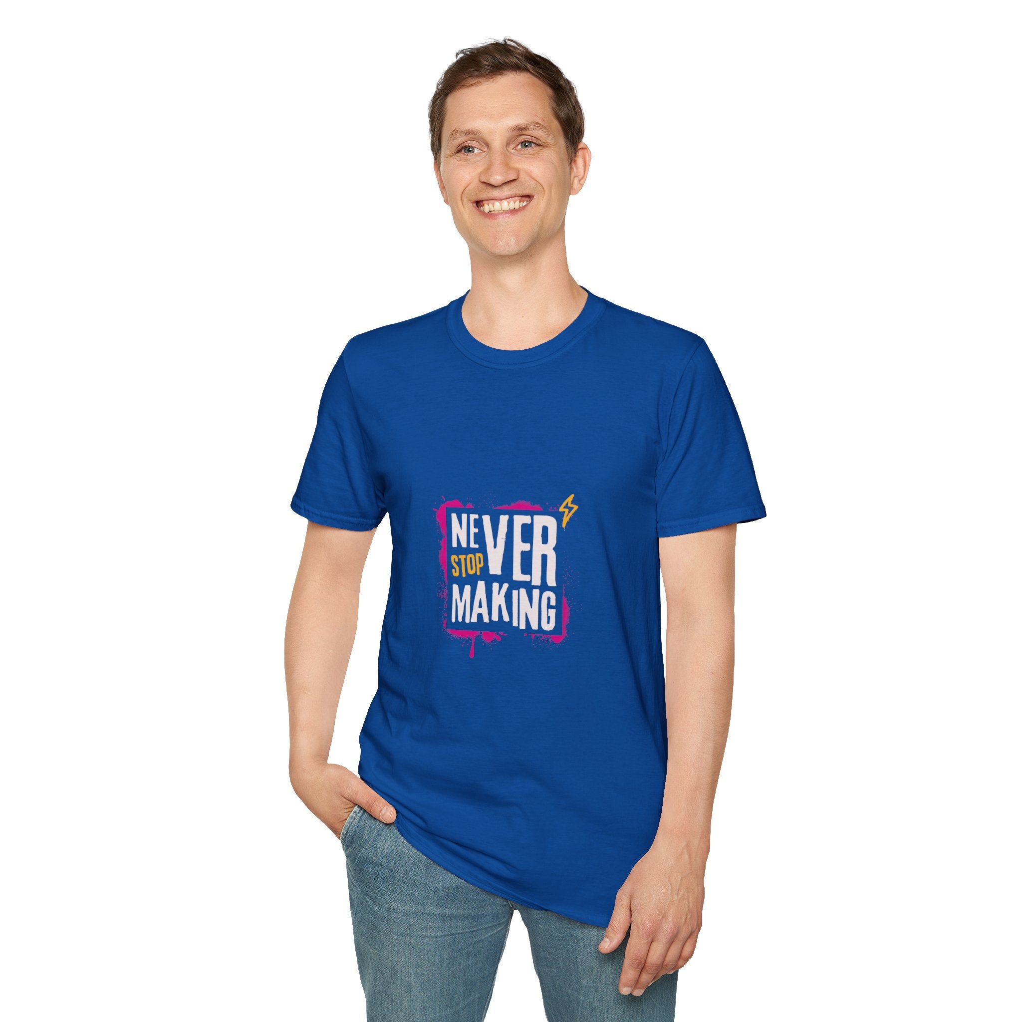 T-Shirt — "Never Stop Dreaming" Graphic Tee (Pink Brushstroke Lightning)