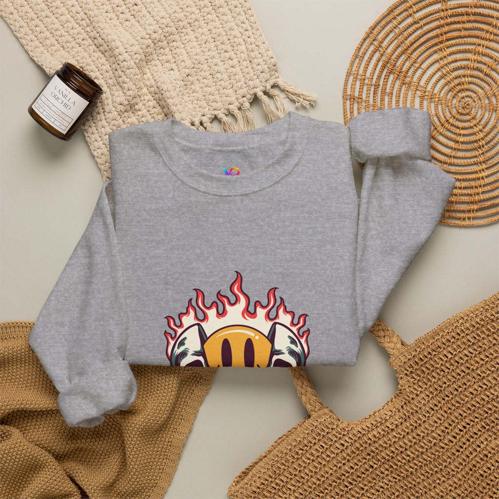 Crewneck Sweatshirt — “Challenges Build Inner Strength” Flame Smile Graphic