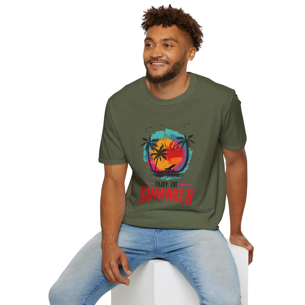 Summer Vibes T-Shirt — "Enjoy the Summer" Tropical Palm Sunset Tee