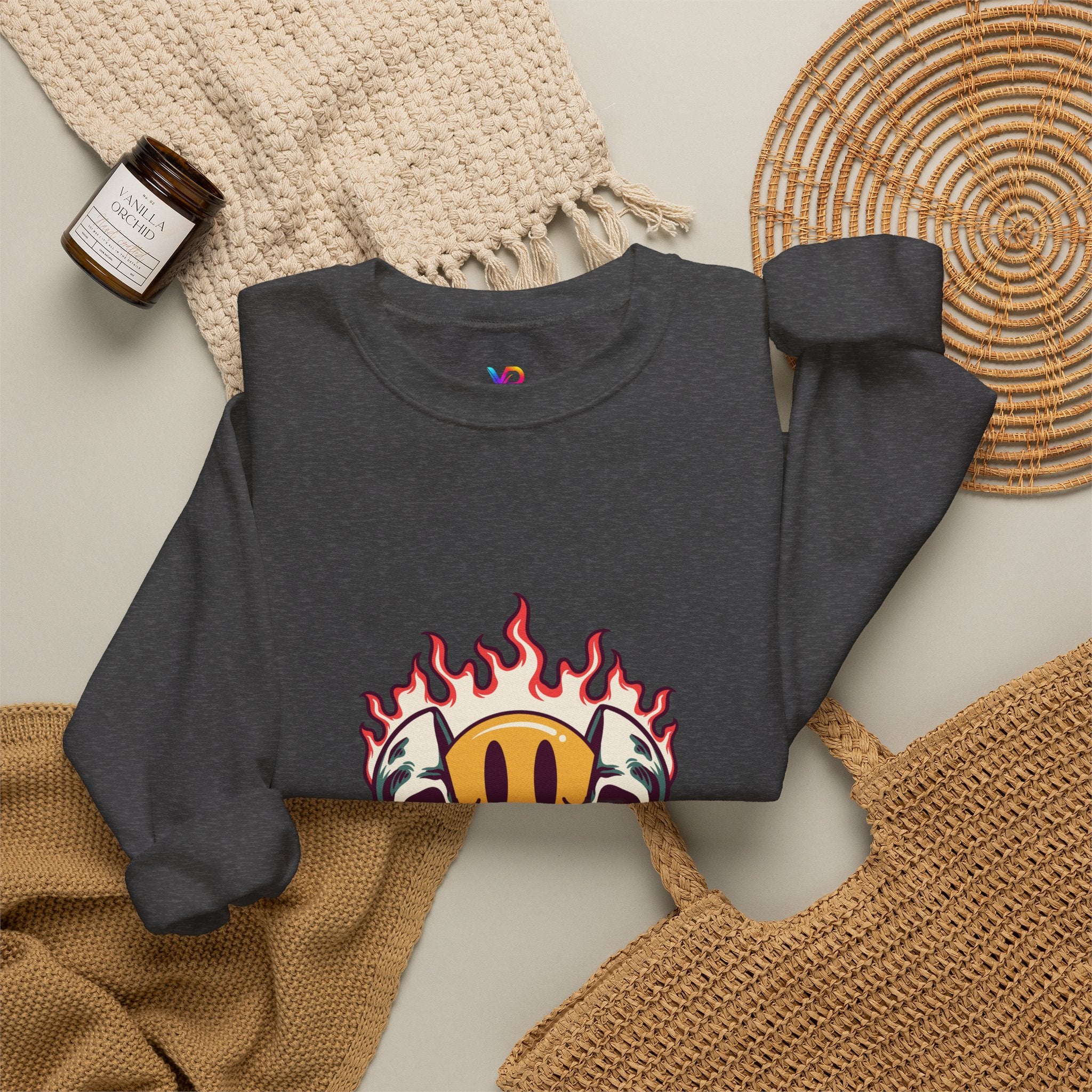 Crewneck Sweatshirt — “Challenges Build Inner Strength” Flame Smile Graphic