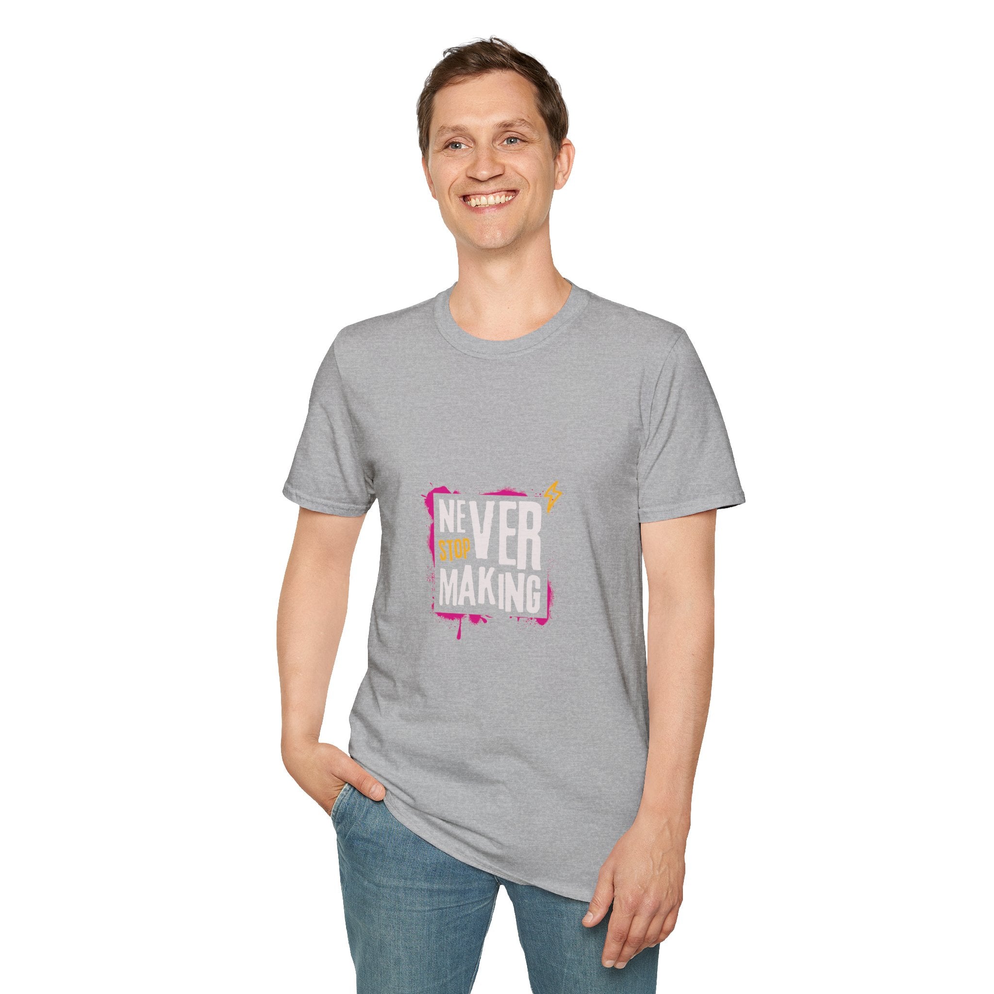 T-Shirt — "Never Stop Dreaming" Graphic Tee (Pink Brushstroke Lightning)