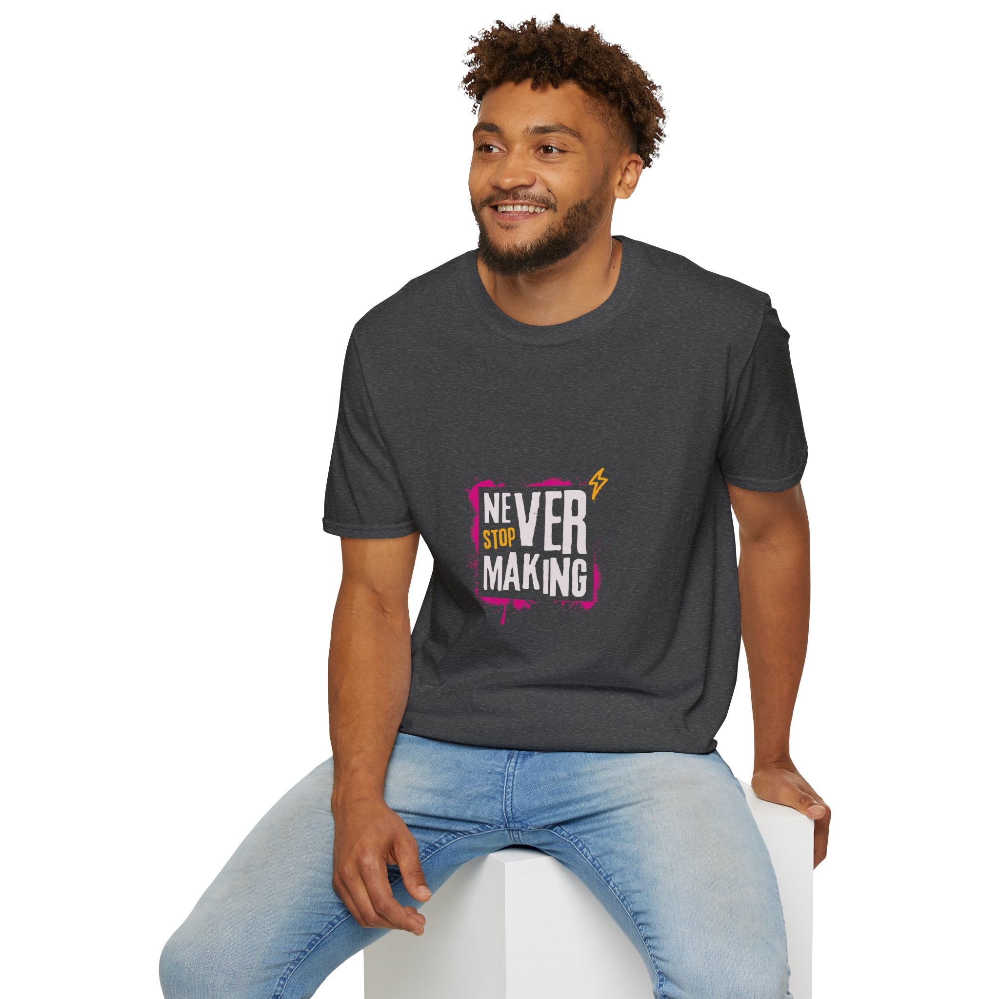 T-Shirt — "Never Stop Dreaming" Graphic Tee (Pink Brushstroke Lightning)