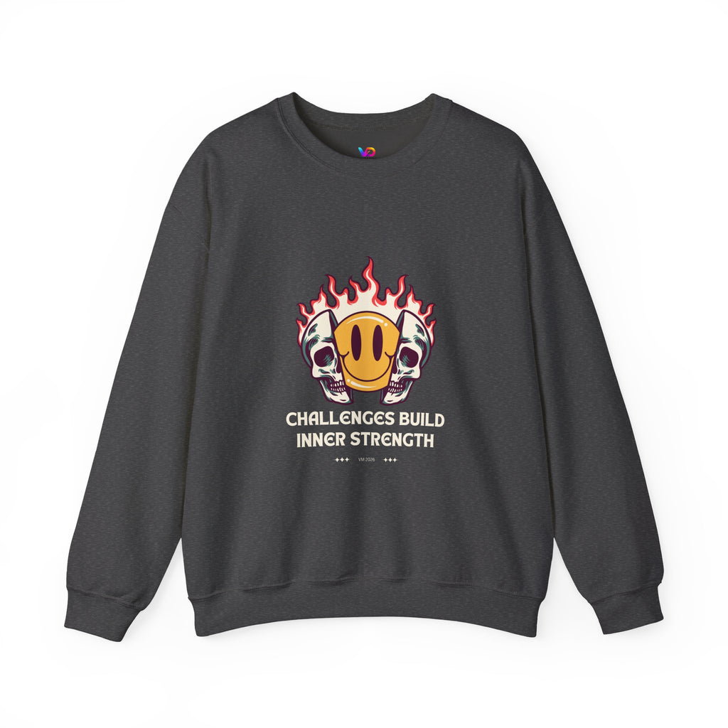 Crewneck Sweatshirt — “Challenges Build Inner Strength” Flame Smile Graphic