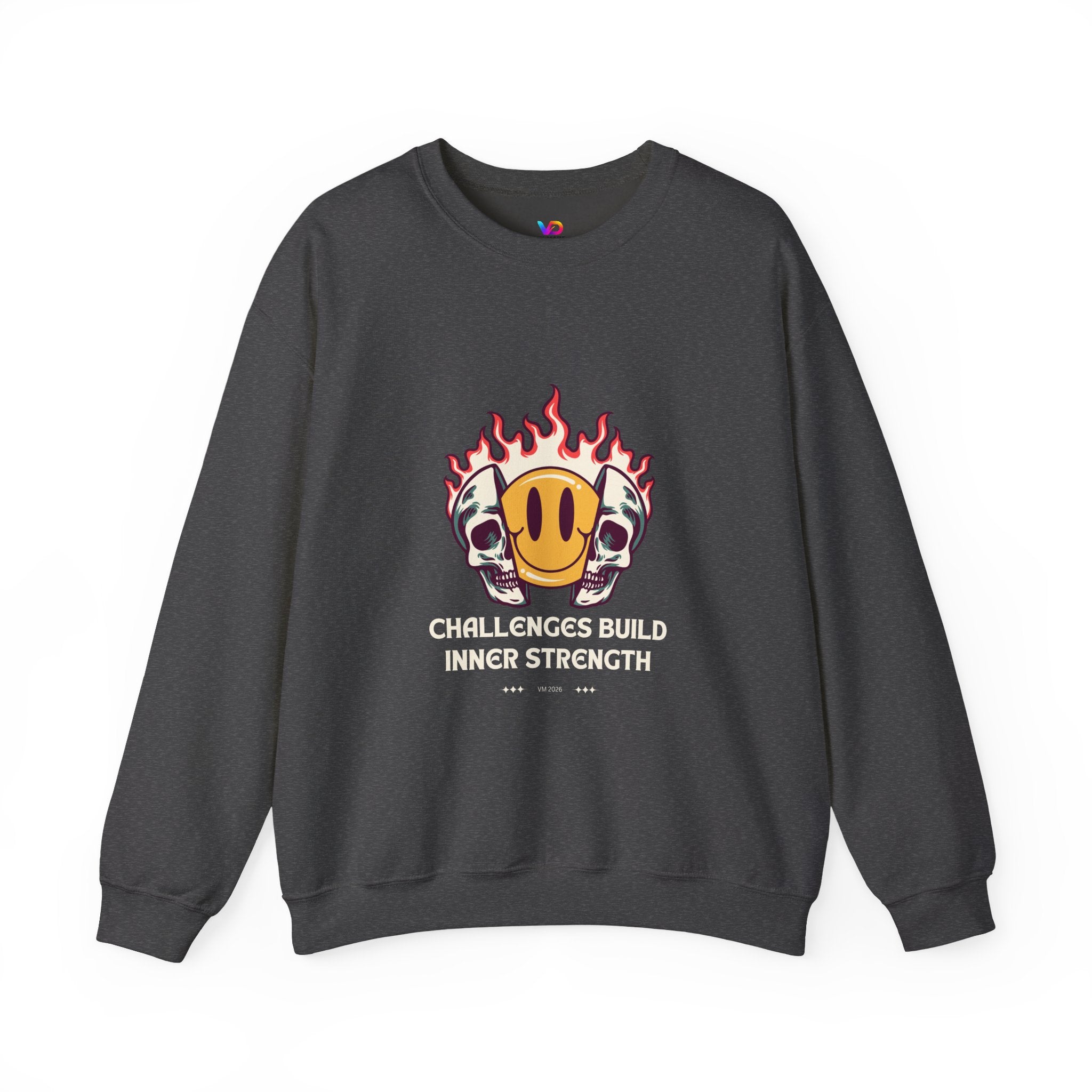 Crewneck Sweatshirt — “Challenges Build Inner Strength” Flame Smile Graphic