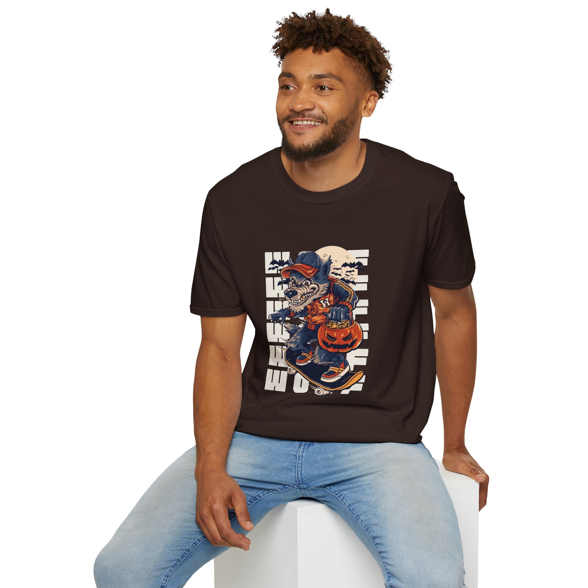 Halloween Skateboarder Skeleton T-Shirt — Spooky Pumpkin & Bats Graphic Tee
