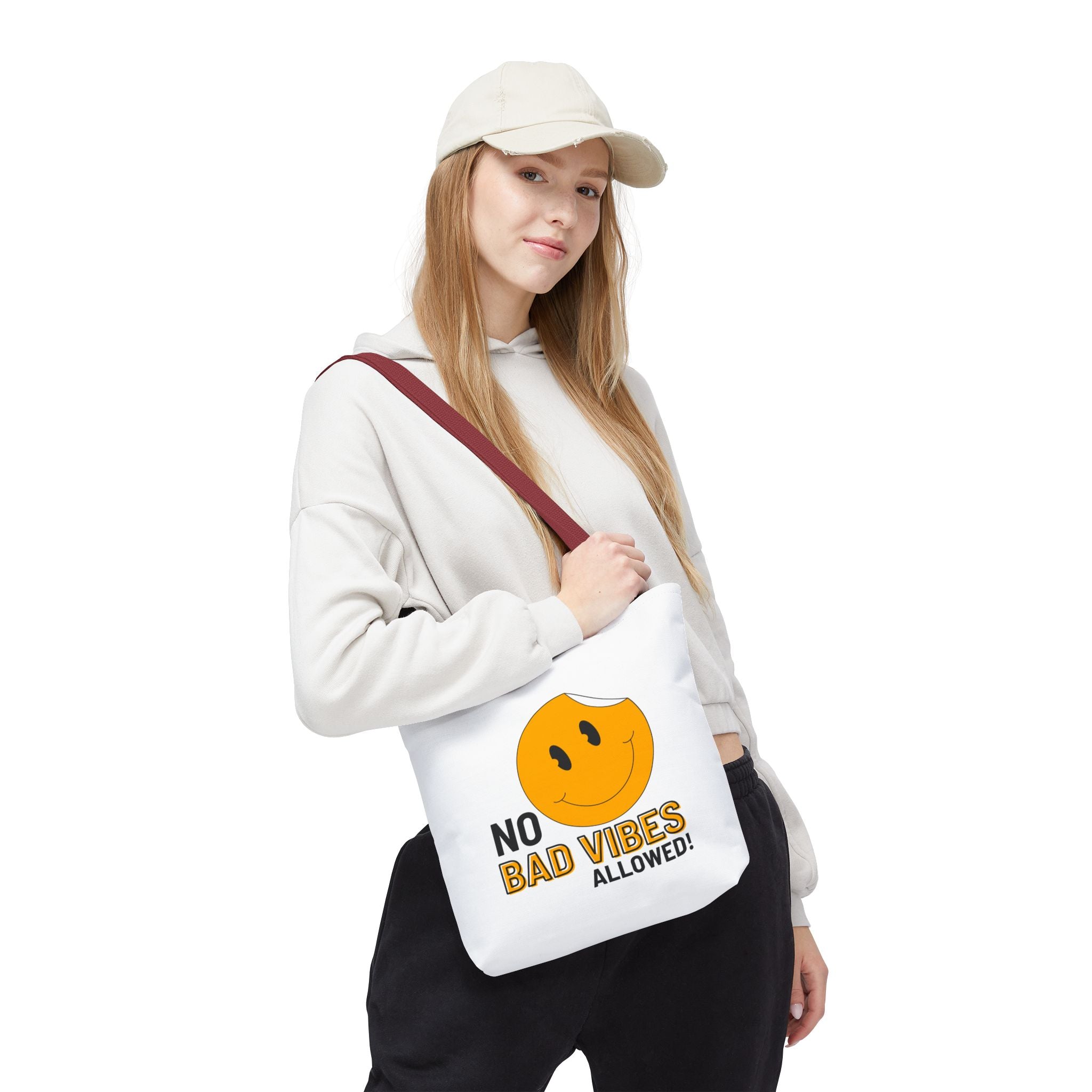 No Bad Vibes Tote Bag — Positive Smiley Reusable Beach & Grocery Bag