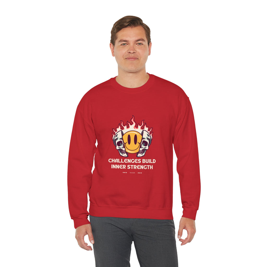 Crewneck Sweatshirt — “Challenges Build Inner Strength” Flame Smile Graphic
