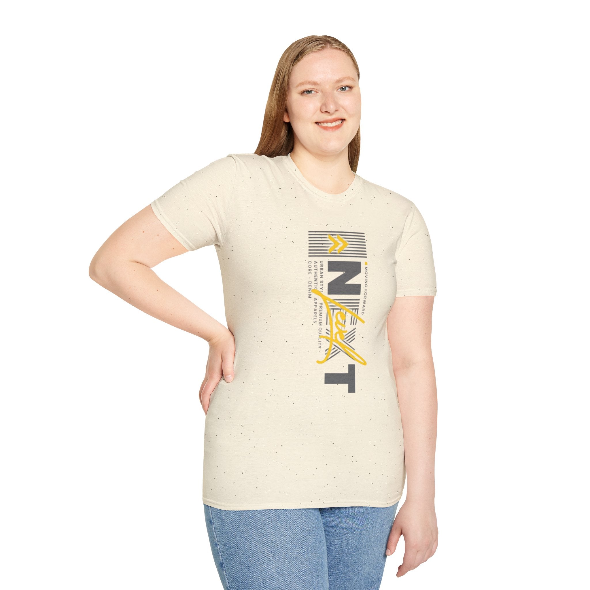 Vertical 'NEXT' Graphic T‑Shirt — Modern Yellow & Gray Streetwear Tee