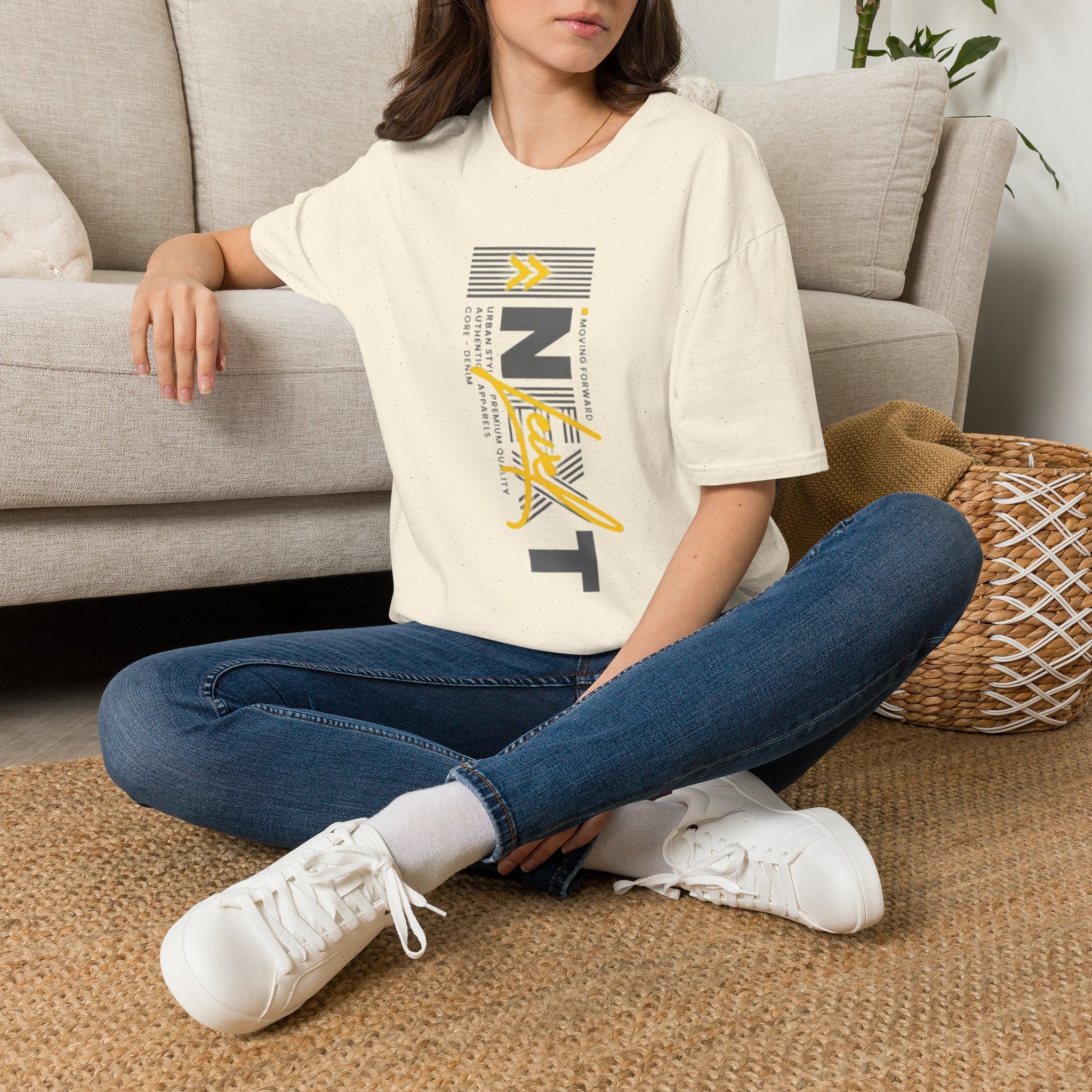 Vertical 'NEXT' Graphic T‑Shirt — Modern Yellow & Gray Streetwear Tee