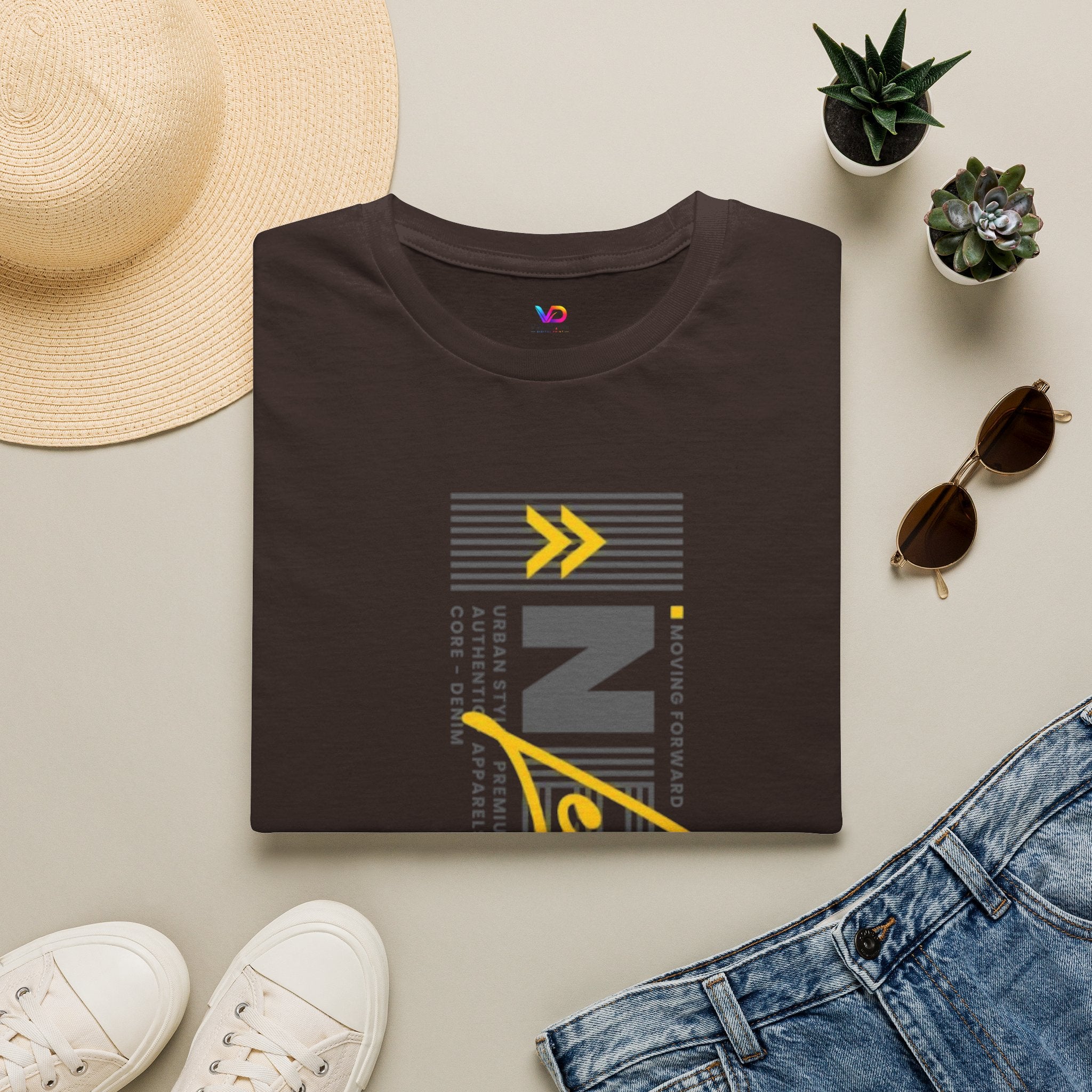 Vertical 'NEXT' Graphic T‑Shirt — Modern Yellow & Gray Streetwear Tee