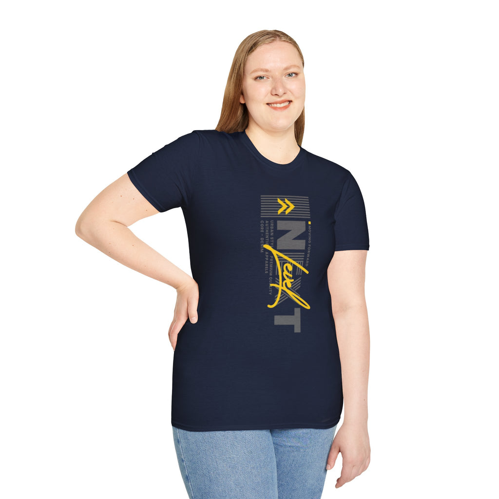 Vertical 'NEXT' Graphic T‑Shirt — Modern Yellow & Gray Streetwear Tee