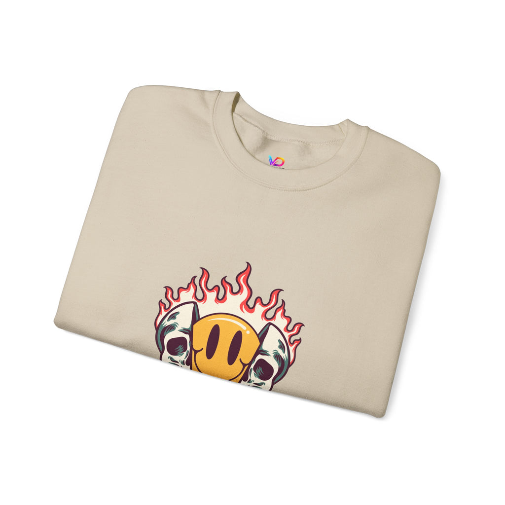 Crewneck Sweatshirt — “Challenges Build Inner Strength” Flame Smile Graphic